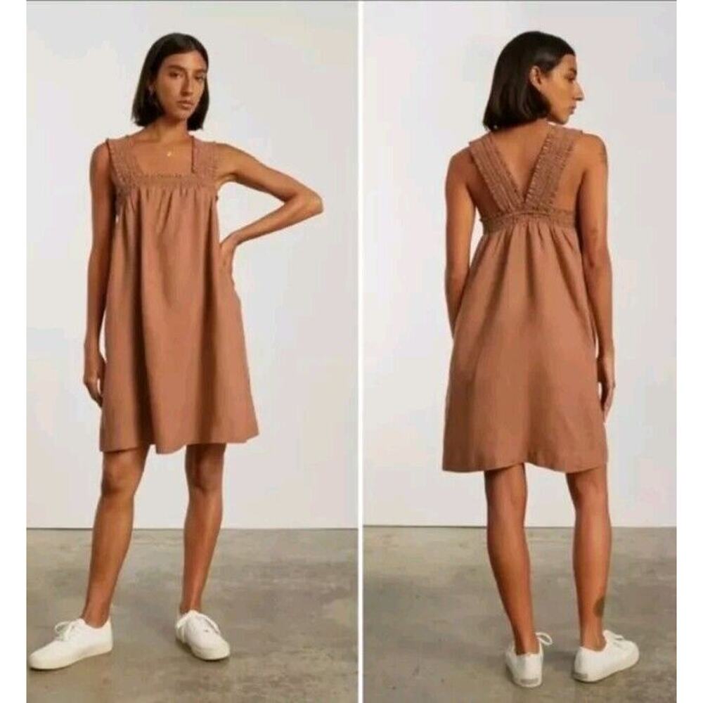 Everlane Linen Smocked Brown Dress XS Tawney Brown